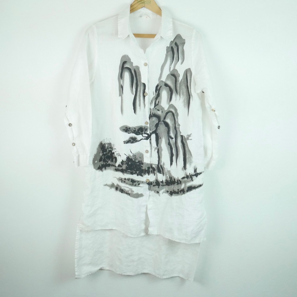 White Linen Mountain Landscape Graphic Tunic Shirt High Low Button Down Womens L